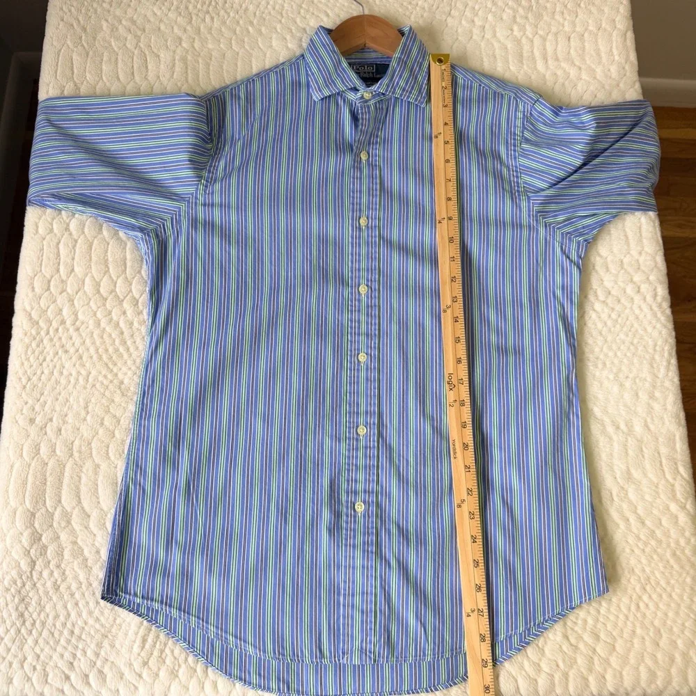 Polo Ralph Lauren Regent Custom‎ Fit Striped Button Down Shirt Blue Green Mens M